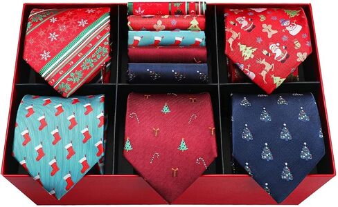 HISDERN Christmas Mens Ties Set 5PCS Holiday Festival Funny Tie and Pocket Square Set Vacation Xmas Gift Box Necktie Set in Saudi Arabia