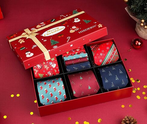 HISDERN Christmas Mens Ties Set 5PCS Holiday Festival Funny Tie and Pocket Square Set Vacation Xmas Gift Box Necktie Set in Saudi Arabia