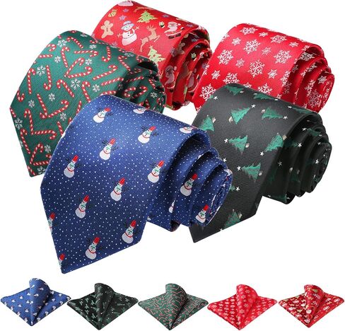 HISDERN Christmas Mens Ties Set 5PCS Holiday Festival Funny Tie and Pocket Square Set Vacation Xmas Gift Box Necktie Set in Kuwait