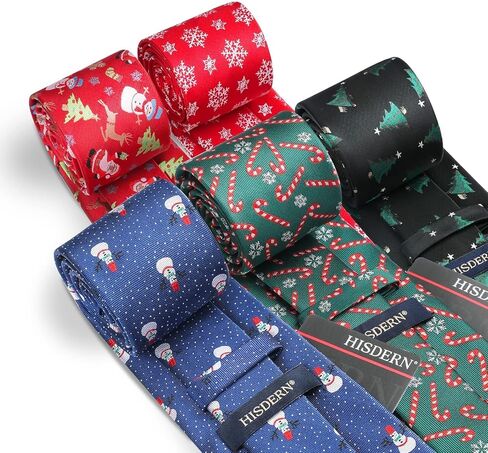 HISDERN Christmas Mens Ties Set 5PCS Holiday Festival Funny Tie and Pocket Square Set Vacation Xmas Gift Box Necktie Set in Kuwait