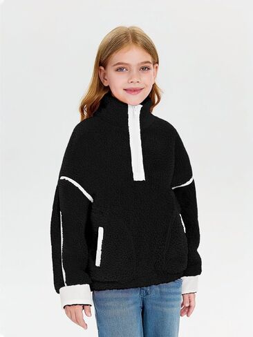 Haloumoning Girls Half Zip Fleece Pullover Kids Oversized Sherpa Sweatshirt with Pockets 5-14 Years in Saudi Arabia
