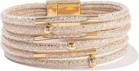 FANCY SHINY Leopard Leather Wrap Bracelet Stackable Boho Tube Beaded Cuff Bracelet with Magnetic Clasp in Kuwait