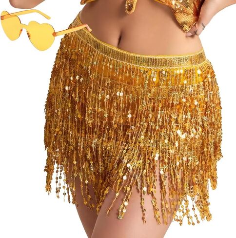 Sequin Skirt Fringe Skirt Gold Skirt Sparkly Skirt for Women Sparkle Skirt Glitter Skirt Belly Hip Scarf Festival Outfits with Heart Sunglasses in Kuwait