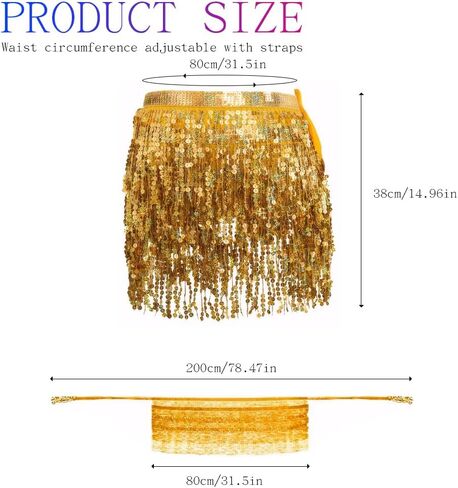 Sequin Skirt Fringe Skirt Gold Skirt Sparkly Skirt for Women Sparkle Skirt Glitter Skirt Belly Hip Scarf Festival Outfits with Heart Sunglasses in Kuwait