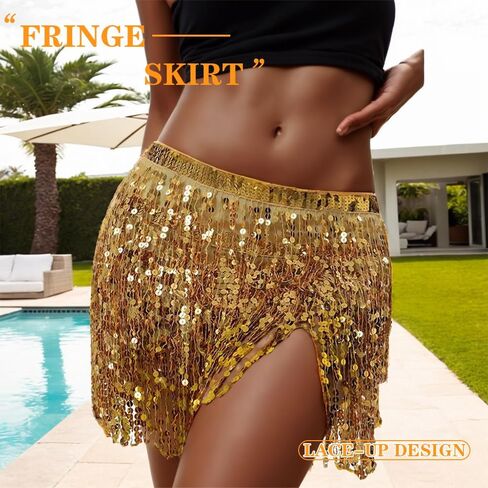 Sequin Skirt Fringe Skirt Gold Skirt Sparkly Skirt for Women Sparkle Skirt Glitter Skirt Belly Hip Scarf Festival Outfits with Heart Sunglasses in Kuwait
