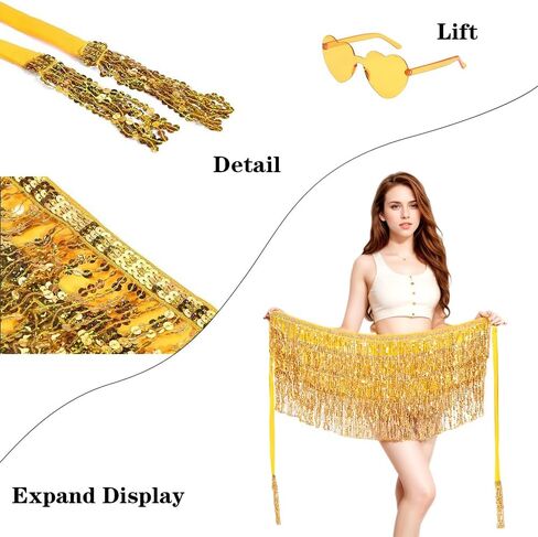 Sequin Skirt Fringe Skirt Gold Skirt Sparkly Skirt for Women Sparkle Skirt Glitter Skirt Belly Hip Scarf Festival Outfits with Heart Sunglasses in Kuwait
