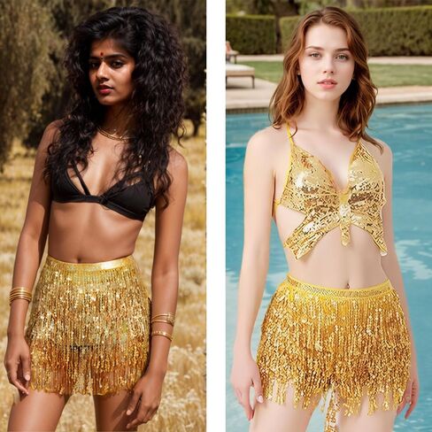 Sequin Skirt Fringe Skirt Gold Skirt Sparkly Skirt for Women Sparkle Skirt Glitter Skirt Belly Hip Scarf Festival Outfits with Heart Sunglasses in Kuwait