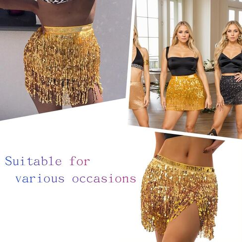 Sequin Skirt Fringe Skirt Gold Skirt Sparkly Skirt for Women Sparkle Skirt Glitter Skirt Belly Hip Scarf Festival Outfits with Heart Sunglasses in Kuwait