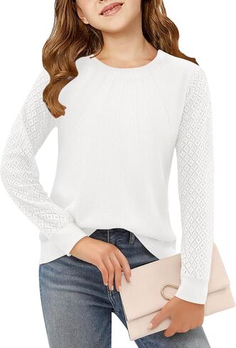 Haloumoning Girl's Waffle Knit Tops Lace Long Sleeve Blouses Crewneck Dress Casual Shirts for 5-14 Years in Saudi Arabia