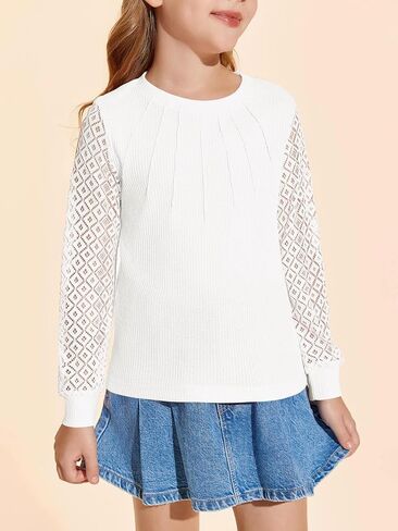 Haloumoning Girl's Waffle Knit Tops Lace Long Sleeve Blouses Crewneck Dress Casual Shirts for 5-14 Years in Saudi Arabia