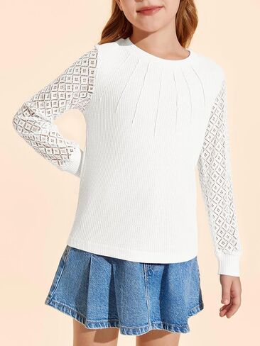 Haloumoning Girl's Waffle Knit Tops Lace Long Sleeve Blouses Crewneck Dress Casual Shirts for 5-14 Years in Saudi Arabia