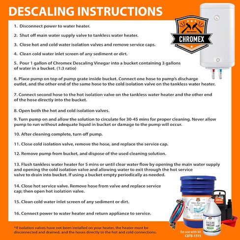 Chromex Tankless Water Heater Flush Kit with Concentrated Vinegar, Dilutes to 4 Gallons and 1/6HP Extra Strength Pump in Saudi Arabia