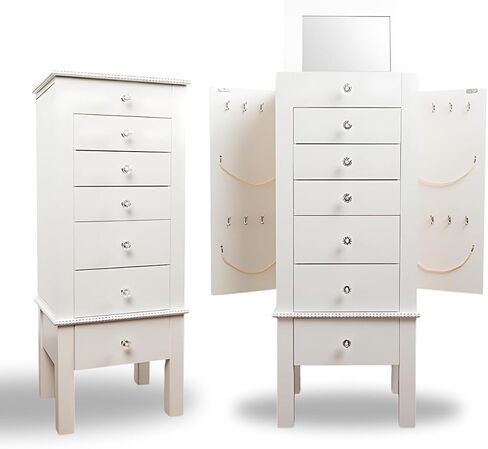 Hives and Honey Hannah Jewelry Armoire - Modern Silver Storage Organizer with Divided Drawers and Necklace Hooks - French-Inspired Design with Jewel-Like Pulls - Anti-Tarnish Felt Lining in Kuwait