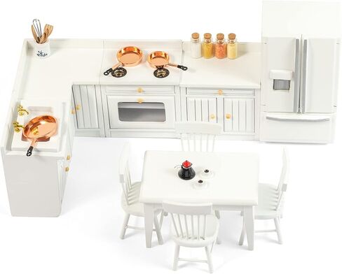 SAMCAMI Wooden Dollhouse Furniture Set - Miniature Dollhouse Furniture 1 12 Scale for Dollhouse Kitchen - Doll House Furniture Toys Incl Kitchen Cabinets, Dining Table, Refrigerator and Others (White) in Kuwait