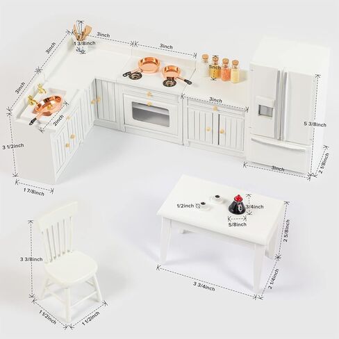 SAMCAMI Wooden Dollhouse Furniture Set - Miniature Dollhouse Furniture 1 12 Scale for Dollhouse Kitchen - Doll House Furniture Toys Incl Kitchen Cabinets, Dining Table, Refrigerator and Others (White) in Kuwait