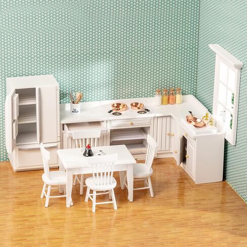 SAMCAMI Wooden Dollhouse Furniture Set - Miniature Dollhouse Furniture 1 12 Scale for Dollhouse Kitchen - Doll House Furniture Toys Incl Kitchen Cabinets, Dining Table, Refrigerator and Others (White) in Kuwait