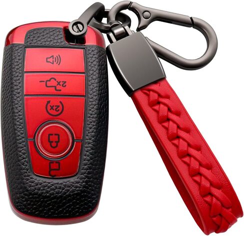 for Ford Key Fob Cover Soft TPU with Leather Keychain Key Case Shell Full Protective Cover Compatible with Ford Explorer Mustang Fusion Escape F150 F250 F350 F450 F550 Edge 5 Button, Red in Saudi Arabia