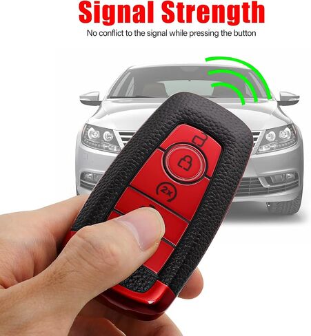 for Ford Key Fob Cover Soft TPU with Leather Keychain Key Case Shell Full Protective Cover Compatible with Ford Explorer Mustang Fusion Escape F150 F250 F350 F450 F550 Edge 5 Button, Red in Saudi Arabia
