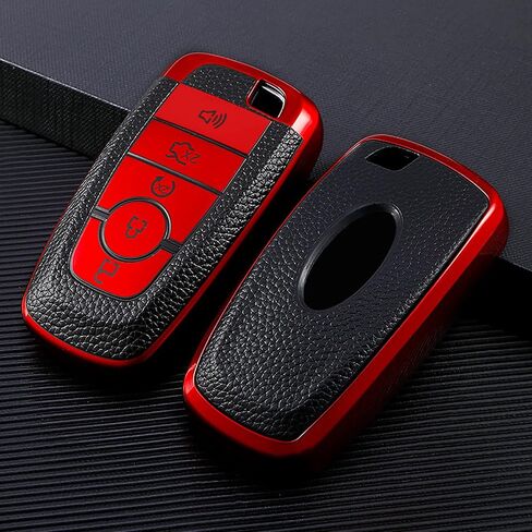 for Ford Key Fob Cover Soft TPU with Leather Keychain Key Case Shell Full Protective Cover Compatible with Ford Explorer Mustang Fusion Escape F150 F250 F350 F450 F550 Edge 5 Button, Red in Saudi Arabia