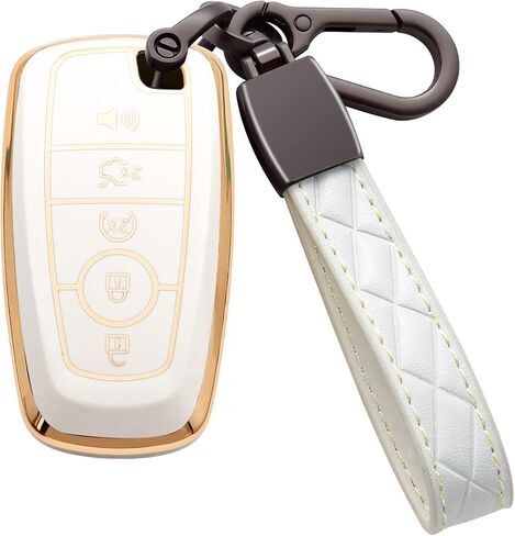for Ford Key Fob Cover Soft TPU with Leather Keychain Key Case Shell Full Protective Cover Compatible with Ford Explorer Mustang Fusion Escape F150 F250 F350 F450 F550 Edge 5 Button, Red in Saudi Arabia