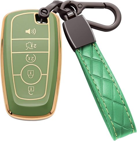 for Ford Key Fob Cover Soft TPU with Leather Keychain Key Case Shell Full Protective Cover Compatible with Ford Explorer Mustang Fusion Escape F150 F250 F350 F450 F550 Edge 5 Button, Red in Saudi Arabia