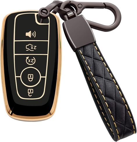 for Ford Key Fob Cover Soft TPU with Leather Keychain Key Case Shell Full Protective Cover Compatible with Ford Explorer Mustang Fusion Escape F150 F250 F350 F450 F550 Edge 5 Button, Red in Saudi Arabia