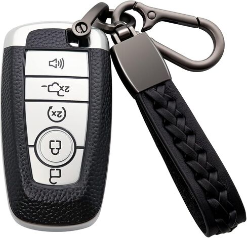 for Ford Key Fob Cover Soft TPU with Leather Keychain Key Case Shell Full Protective Cover Compatible with Ford Explorer Mustang Fusion Escape F150 F250 F350 F450 F550 Edge 5 Button, Red in Saudi Arabia