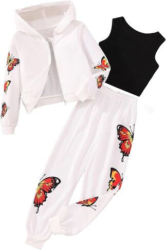 Hilinker Girls Long Sleeve Zipper Hoodie Ribbed Tank and Sweatpants Set 3 Piece Outfits in Kuwait