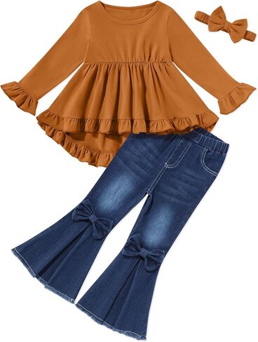 oklady Todder Kids Girls Clothes Solid Color Ruffles Top Bow Flared Jeans 2PCS Fall Girls Clothing Set 18M-7Years in Saudi Arabia
