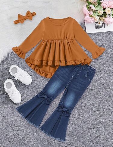 oklady Todder Kids Girls Clothes Solid Color Ruffles Top Bow Flared Jeans 2PCS Fall Girls Clothing Set 18M-7Years in Saudi Arabia