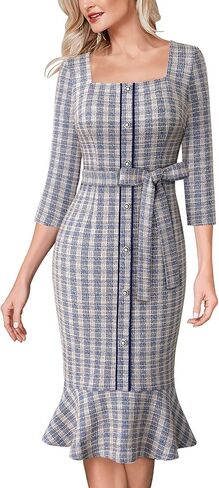 VFSHOW Womens Business Square Neck Button Belted Colorblock Patchwork Office Work Slim Sheath Mermaid Dress in Kuwait