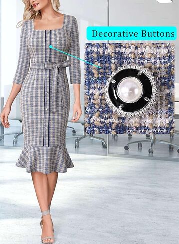 VFSHOW Womens Business Square Neck Button Belted Colorblock Patchwork Office Work Slim Sheath Mermaid Dress in Kuwait