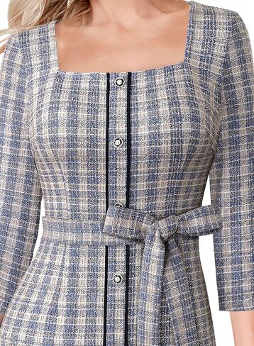 VFSHOW Womens Business Square Neck Button Belted Colorblock Patchwork Office Work Slim Sheath Mermaid Dress in Kuwait