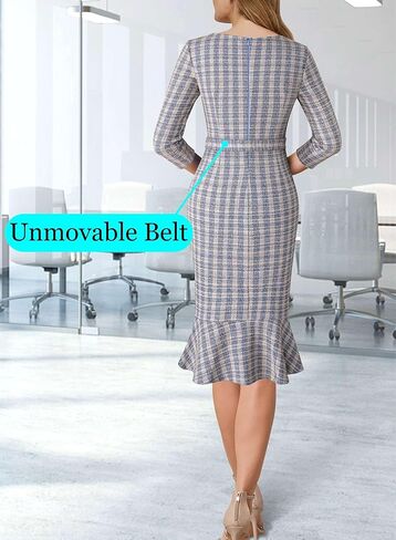 VFSHOW Womens Business Square Neck Button Belted Colorblock Patchwork Office Work Slim Sheath Mermaid Dress in Kuwait