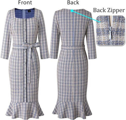 VFSHOW Womens Business Square Neck Button Belted Colorblock Patchwork Office Work Slim Sheath Mermaid Dress in Kuwait