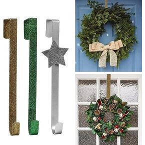 Aovdy 3 Pack Christmas Wreath-Hangers for Front Door Christmas Decorations for Door Inside Outside Door Hooks Christmas Decor (Gold, Green, and Silver)