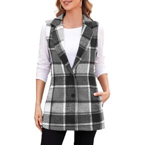 YACUN Women Plaid Vest Button Down Lapel Neck Sleeveless Blazer Outwear with Pockets