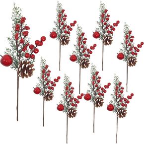 BANBERRY DESIGNS Christmas Decorations - Set of 18 - Snow Tipped Pinecone and Greenery Picks with Red Berry Clusters and Apple - Xmas Crafting and Decorating Accessories 11" Tall and 3" Wide