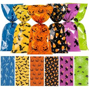 Whaline 150Pcs Halloween Cello Bags Cellophane Bags 6 Design with Twist Tie Candy Treat Bags Sweet Bags Pumpkin Spider Bat Bone Gift Bags Orange Party Favors for Halloween Day Table Decor
