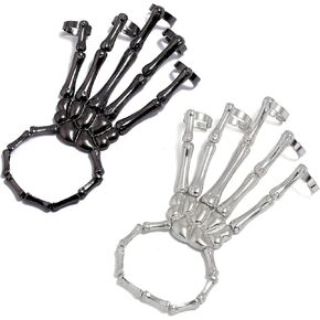 Caiyao Gothic Halloween Skull Skeleton Metal Fingers Hand Bone Bracelet with Adjustable Ring Wristband Handmade Punk Jewelry for Women