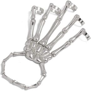 Caiyao Gothic Halloween Skull Skeleton Metal Fingers Hand Bone Bracelet with Adjustable Ring Wristband Handmade Punk Jewelry for Women