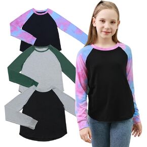 GORLYA 3 Pack Girls Contrast Patchwork Raglan Sleeve T Shirt Basic Long Sleeve Casual Tee Tops Multipacks for 8-16Y