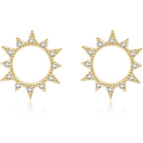 Reffeer Solid 925 Sterling Silver Sun Earrings Stud for Women Teens Hollow Stud Earrings CZ Circle Earrings