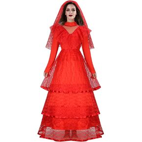 Women Red Gothic Wedding Bride Costume Dress Adult Wedding Lace Goth Halloween Cosplay Dress Veil Outfit