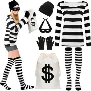 QZYL Halloween Women Robber Costume Set, Women Thief Cosplay Striped Shirt Mask Gloves Beanie Cap Bag for Halloween Thief