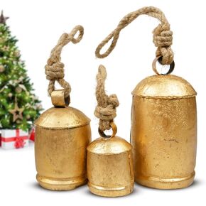 Set of 3 Rustic Gold Christmas Bells for Decoration - Perfect for Cow Bell, Door Hanging, Staircase, Wall (Large)