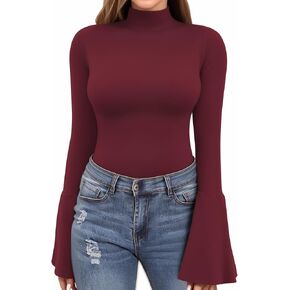 MANGOPOP Long Sleeve Mock Neck Shirts for Women Bell Sleeve Turtle Neck Tops Basic Going Out Tee Blouse