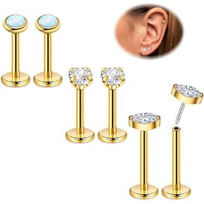 3Pairs 16G 18G G23 Titanium Threadless Earrings for Women Push in Cartilage Helix Tragus Stud Earrings CZ Opal Flat Back Earrings Lip Labret Monroe Nostril Studs Piercing Jewelry