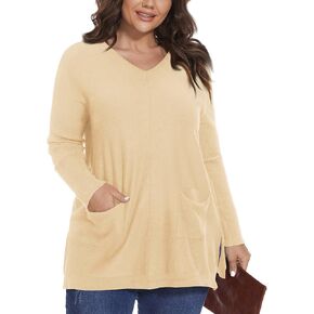 Women's V-Neck Long Sleeve Casual Pullover Tops Loose Fit Lightweight Sweater