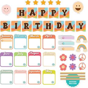Decorably 81 Pcs Cutouts Groovy Classroom Birthday Chart for Classroom with Accompanying Borders, Happy Birthday Bulletin Board Set, School
